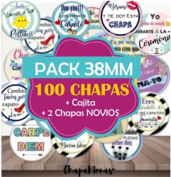 PACK BODA 100 CHAPAS 38MM + CAJA DE REGALO